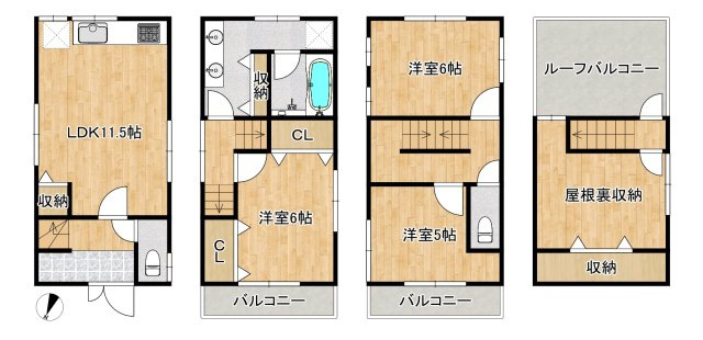 大阪市東住吉区田辺１丁目　中古戸建の間取り|最上階にルーフバルコニーのある3LDKタイプの間取りです♪