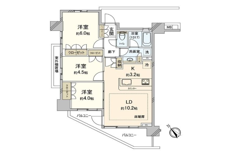 アンビシャスみずほ台の間取り|２LDK　3,450万円
専有面積55.57㎡+テラス12.58㎡+専用庭24.48㎡
合計92.63㎡のゆったりとした空間