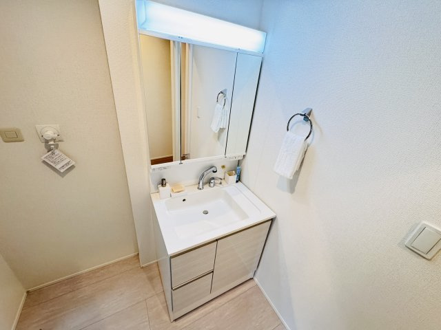 三郷市鷹野５丁目新築戸建【鷹野小学校：8分】の独立洗面台|シャワーヘッド付き三面鏡洗面化粧台