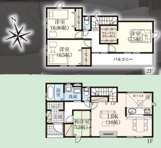 三郷市鷹野５丁目新築戸建【鷹野小学校：8分】の間取り|南向き・4LDK