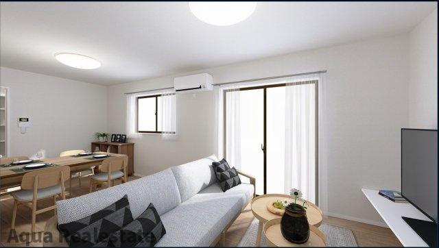 坂出市元町２丁目の新築一戸建の居間・リビング|リビングでのひとときが、心に残る物語。温もりと笑顔が溢れ、家族の絆が育まれる場所。感動の毎日を共に。