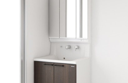 仲介手〇料不要　i-passo北区高平２丁目１号地【高平台小・京陵・竜南中】の独立洗面台|せまい空間にもスッキリとおさまるコンパクトなサイズ感の洗面化粧台は、使いやすさにこだわったシンプルなデザイン。毎日の身支度にうれしい機能性や収納力もしっかりと備えた、使いやすい洗面化粧台です。