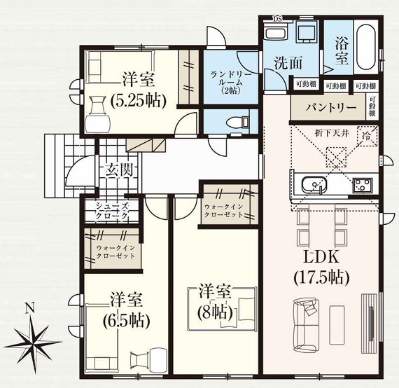 グラファーレ恩納村安富祖・１号棟の間取り|３LDK＋ランドリールーム＋WIC×２＋SC＋パントリー