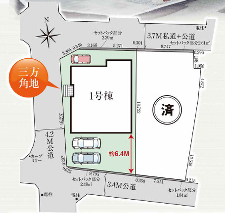 グラファーレ恩納村安富祖・１号棟の区画図|区画図／接道状況：西側4.2ｍ公道・南側3.4ｍ公道・北側3.7ｍ私道