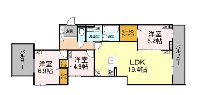 稲城市東長沼の賃貸マンションの間取り