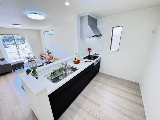 柏市大室新築戸建のキッチン|広々システムキッチン・シンクの水栓には浄水器がついてます！