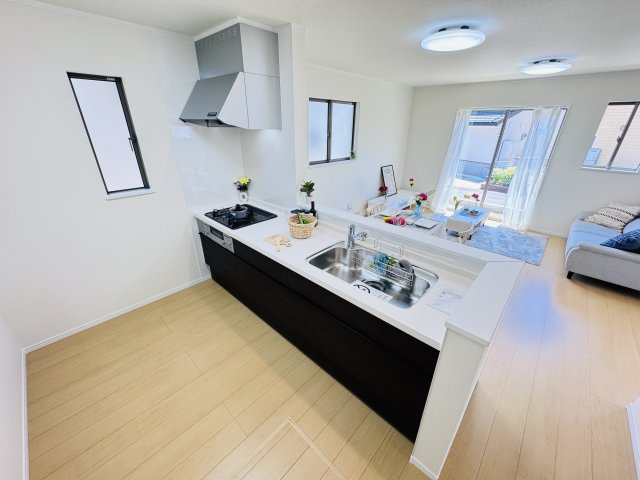 柏市大室新築戸建のキッチン|広々システムキッチン・シンクの水栓には浄水器がついてます！