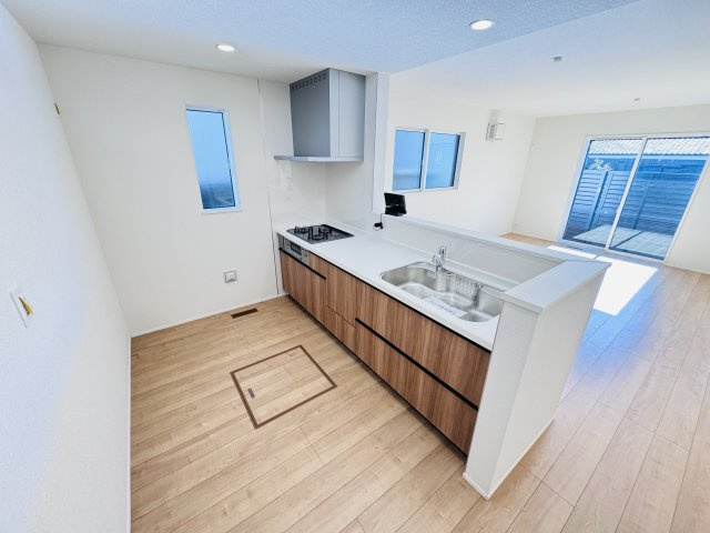 柏市酒井根６丁目新築戸建のキッチン|お手入れしやすいレンジフード・シンクの水栓には浄水器がついてます！