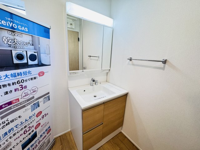 柏市酒井根６丁目新築戸建の独立洗面台|シャワーヘッド付き三面鏡洗面化粧台