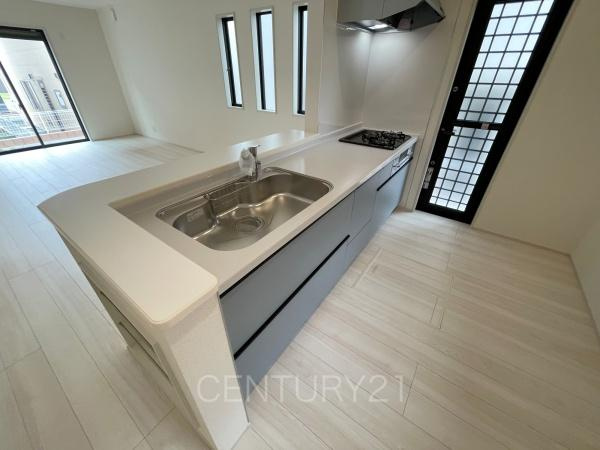 第３富士見町時沢５号棟のキッチン|シンクも大きく洗い物もしやすい浄水器付。シャワーヘッドは引き出し可能、シンクの隅々まで洗い流せます。