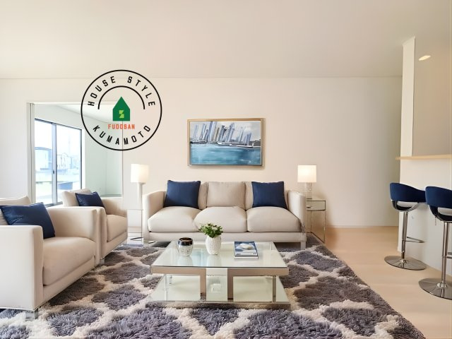 都城市早水町第1-2棟（1号棟）の内観：施工例|明るく開放的なリビングダイニングは豊かな陽光が注ぎ込み、やすらぎの空間を演出してくれます。ご家族で楽しいひとときをお過ごし下さい。※家具はCGを合成したものです。