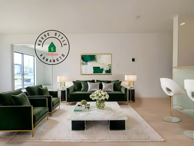 都城市早水町第1-2棟（2号棟）の内観：施工例|明るく開放的なリビングダイニングは豊かな陽光が注ぎ込み、やすらぎの空間を演出してくれます。ご家族で楽しいひとときをお過ごし下さい。※家具はCGを合成したものです。