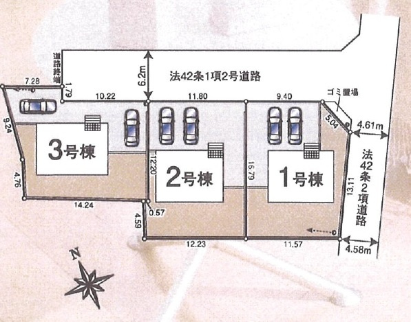 新築一戸建て　川越市菅間　全3棟の区画図|カースペース2台分(車種によります)