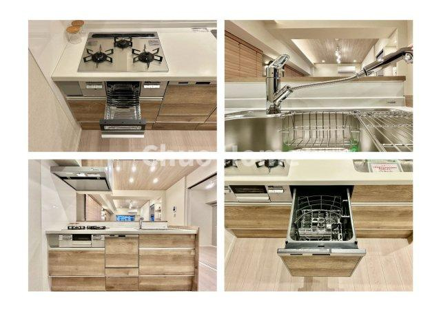 ライオンズマンション両国第3のキッチン|【システムキッチン】ワイドで収納豊富な使い勝手の良いカウンターキッチンには、食洗器や伸縮タイプのキッチン水栓、三ツ口コンロ・魚焼きグリルなどの便利な設備が標準完備されています。