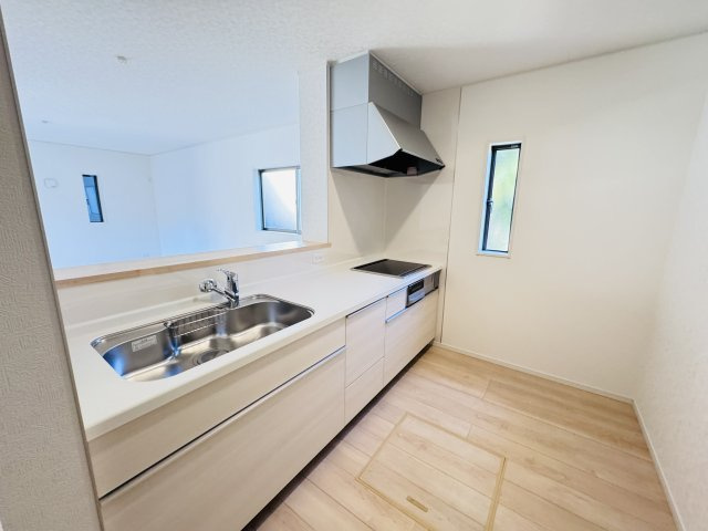 流山市向小金３丁目新築戸建【向小金小学校：9分】のキッチン|広々システムキッチン・シンクの水栓には浄水器がついてます！