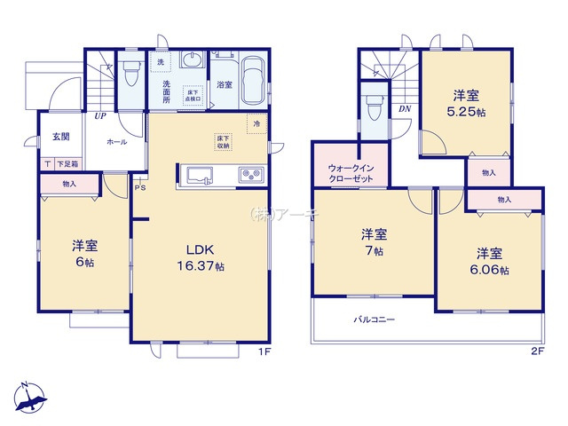 知立市桜木町桜木70-4『仲介手数料無料』新築戸建ての間取り|　A号棟　1F:LDK16.37帖に隣接する洋室6帖　物入設置はお子様の遊び場・奥様の家事室に便利！2F:主寝室7帖　WIC設置！洋室6.06帖・洋室5.25帖　物入設置♪南面ワイドバルコニー♪