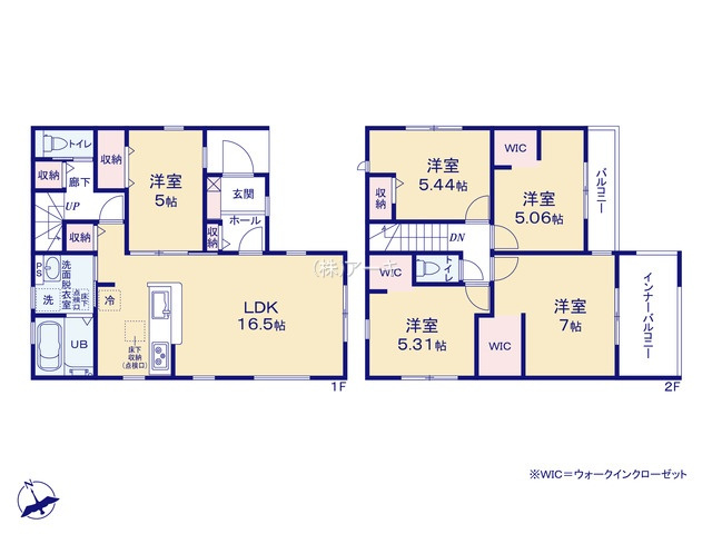 知多市金沢郷中133『仲介手数料無料』新築一戸建て・建売の間取り|　2号棟　1F:LDK16.5帖に隣接する洋室5帖　CL設置！キッチン・廊下・ホール収納♪2F:主寝室7帖・洋室5.31帖・洋室5.06帖　WIC設置！洋室5.44帖　CL設置♪インナーバルコニー♪
