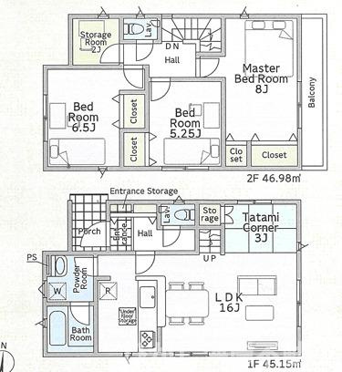平塚市南原３丁目　新築戸建　の間取り|東向き　３SLDK