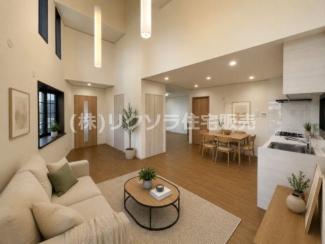 茄子作1丁目　中古一戸建ての居間・リビング|LDK23.0帖　※この画像はAIによるバーチャルステージング画像です。
実際の物件には家具・インテリアは含まれません。
■物件内覧・資金計画相談・住宅ローン相談、リフォーム相談、お問合せ受付中■