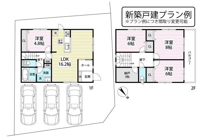建築条件付き売土地●敷地約５０坪の角地●間取り図は変更可能●南丹市園部町美園町２号の土地図＋建物プラン例|新築戸建プラン例
※プラン例につき間取り変更可能です