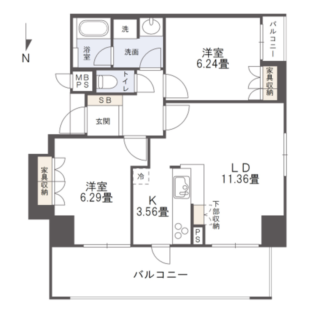 アルファステイツ清心の間取り|専有面積：60.39m²の2LDKでご家族や二人暮らしにおすすめです。