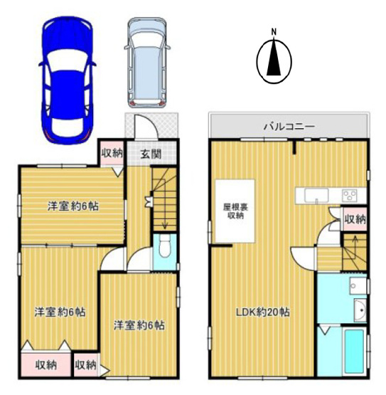 【間取り】 | 八尾市神宮寺5丁目 | 2階建【3LDK＋駐車2台】室内リフォーム後のお引き渡し☆（2025年4月上旬完了予定）LDK広々約20帖！2階に水廻り設備集約♪2ドア1ルームあり♪TVモニターホン新調完備☆屋根裏収納付きです♪