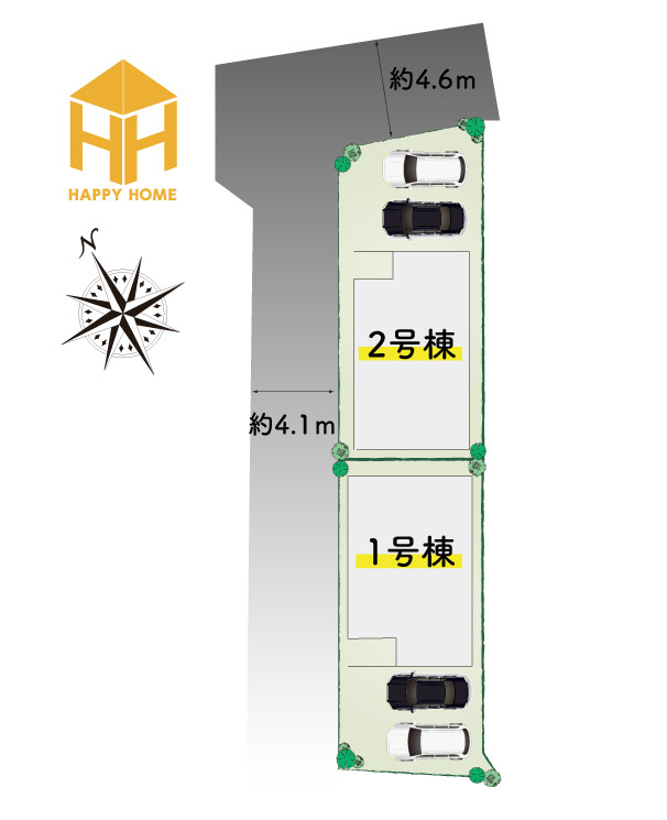 テラシエ小浜4丁目新築一戸建て│4LDK＋並列駐車2台可の区画図|角地を含む、全2区画の新築戸建が堂々完成致しました！全戸敷地面積32坪以上、並列駐車2台可能です。
