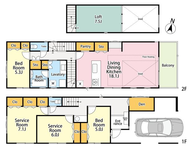 練馬区田柄2丁目　土地32坪×整形地　建築条件付き売地の参考プラン|2LDK+2S+納戸+パントリー+ロフト+ビルトイン車庫　敷地面積 106.24ｍ2　建物面積 141.74ｍ2(車庫部分 20.35ｍ2含む)　建物価格 2,100万円