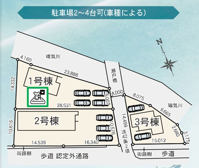 【区画図】 | 前橋市三河町2丁目　新築住宅 | 駐車スペース4台可能◎
敷地広々80坪！