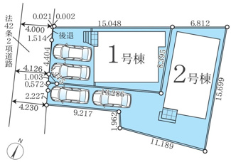 【区画図】 | 茅ヶ崎市柳島2丁目  1号棟 3期 | 1号棟　南西側約4ｍ～約4.2ｍ公道　駐車並列2台（車種によります）　敷地面積33.6坪