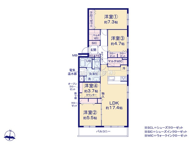 コープ野村練馬氷川台の間取り|専有面積94.25㎡の4LDK LDKは17.4帖 マルチWICが2箇所など収納も豊富です