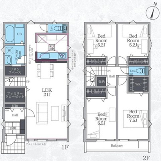 【間取り】 | 茅ヶ崎市柳島2丁目  2号棟 3期 | 都市ガス　網戸標準仕様　シャッター1箇所付　Ｗロックディンプルキー　二部屋から行き来できる南向きバルコニー　食洗器・浄水器　浴室乾燥機+窓　全居室収納　FC　リネンスペース　LDK21帖