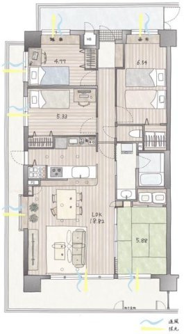 【間取り】 | サンライズステージ淵野辺Ⅰ | 4LDKはリビングダイニングキッチンと4つの居室がある間取りで、大家族や二世帯住宅に最適。広々としたリビングで家族団らんを楽しみ、個室でプライベートな時間も確保でき、快適な生活を送ることができますよ。