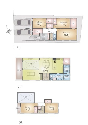 【参考プラン】 | 武蔵小山駅4分なのに落ち着いた住環境・・・建物ボリュームが取れる邸宅用地 | 	1F：67.49㎡　2F：75.36㎡　3F：28.98㎡
車庫：13.42㎡　ポーチ：3.39㎡
延床面積：188.64㎡