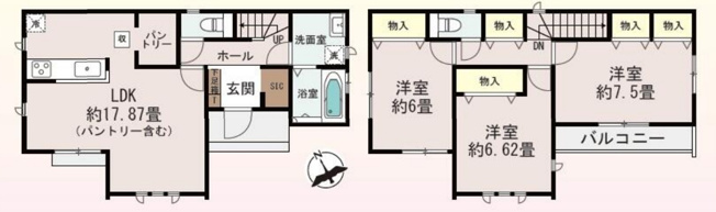 【間取り】 | 高崎市若松町　新築住宅 | パントリーを含む約17.87畳の広々としたLDKが魅力です。玄関のSICや各洋室の物入など収納が充実しており、全居室に収納を確保した実用的な3LDKとなっています。
