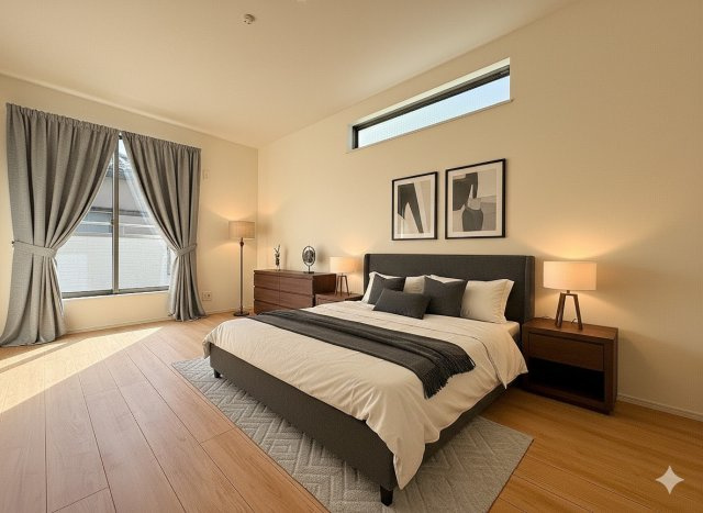 三郷市上彦名　新築戸建　全1棟　A号棟の寝室|現況の物件写真にCGによる画像処理を行っています。家具、家電、小物、カーテン等はイメージはCGです。