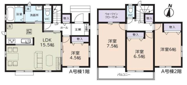 三郷市上彦名　新築戸建　全1棟　A号棟の間取り|■WIC＋1・2Fホール収納付！収納力にこだわった新築戸建