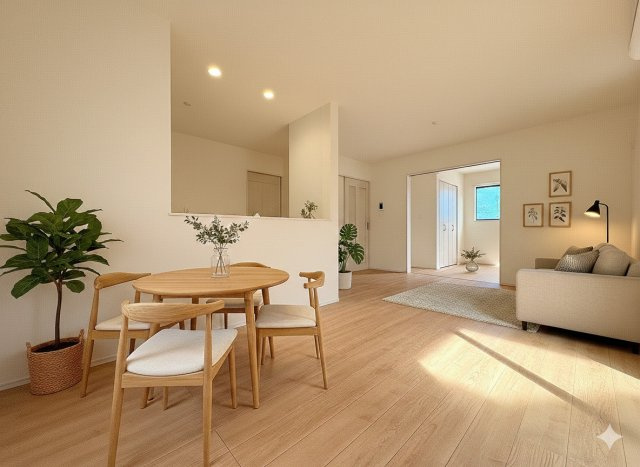 三郷市上彦名　新築戸建　全1棟　A号棟の居間・リビング|現況の物件写真にCGによる画像処理を行っています。家具、家電、小物、カーテン等はイメージはCGです。