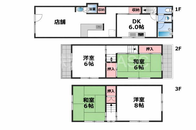 東大阪市小若江2丁目店舗付き住宅の間取り