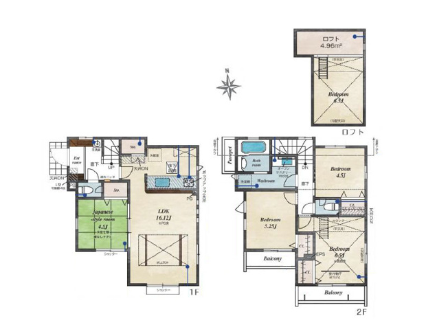 【間取り】 | 西東京市泉町3丁目　新築一戸建住宅　全16棟　(保谷店) | 2号棟/ロフト付4LDKゆとりの住まい。洗面室、浴室、バルコニーが2階にまとまり洗濯動線良好です！※図面を基に作成しています。現況と異なる場合は現況を優先いたします。