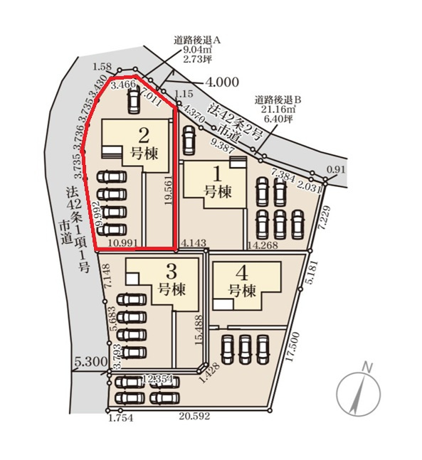 リーブルガーデン  第1笠間市南友部　2の区画図|4台並列駐車可能です。気になる他の物件と合わせての現地ご案内も可能です。HPから、またお電話でも、お気軽にお問い合わせください。

