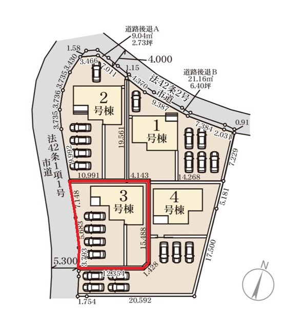 リーブルガーデン  第1笠間市南友部　3の区画図|5台駐車可能です。気になる他の物件と合わせての現地ご案内も可能です。HPから、またお電話でも、お気軽にお問い合わせください。

