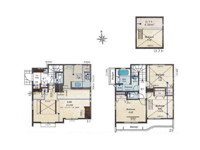 【間取り】 | 西東京市泉町3丁目　新築一戸建住宅　全16棟　(保谷店) | 3号棟/ロフト付3LDKゆとりの住まい。洗面室、浴室、バルコニーが2階にまとまり洗濯動線良好です！※図面を基に作成しています。現況と異なる場合は現況を優先いたします。