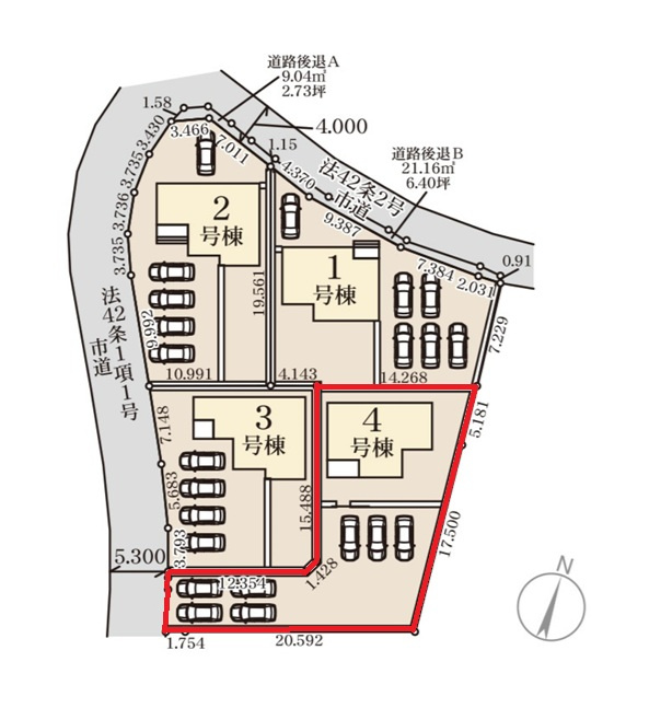 リーブルガーデン  第1笠間市南友部　4の区画図|十分な駐車スペースで来客も安心です。気になる他の物件と合わせての現地ご案内も可能です。HPから、またお電話でも、お気軽にお問い合わせください。


