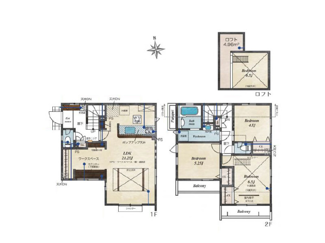 【間取り】 | 西東京市泉町3丁目　新築一戸建住宅　全16棟　(保谷店) | 5号棟/ロフト付3LDKゆとりの住まい。洗面室、浴室、バルコニーが2階にまとまり洗濯動線良好です！※図面を基に作成しています。現況と異なる場合は現況を優先いたします。