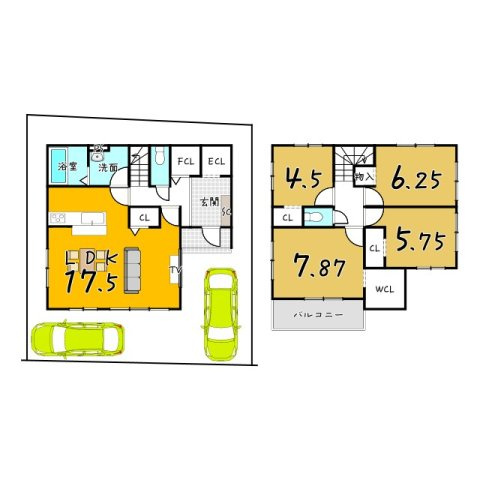 西京区上桂西居町　１号地の間取り|1F：51.34㎡、2F：53.61㎡、延床104.95㎡
