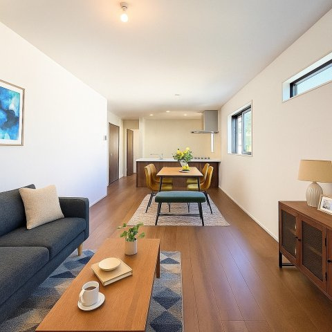 栄区飯島町　新築戸建ての居間・リビング|◆家族で食卓を囲むダイニングスペースと、ソファでゆったりくつろぐリビングスペースがしっかり区切られているので家具の配置や用途を使いわけしやすいです。
