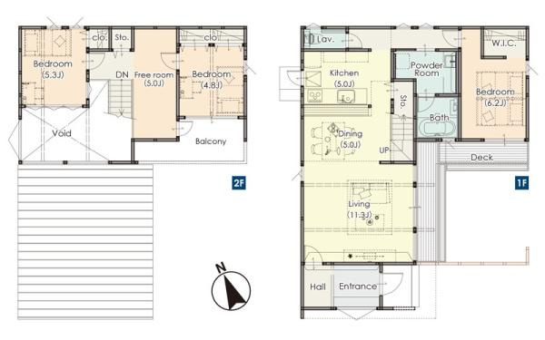 明治北　FREAK'S　HOUSEの間取り|2階建ての間取りで1階には広々としたリビング・ダイニング・キッチンが配置されています。各部屋には使い勝手を考えた収納スペースも設けられており生活動線が工夫されています。