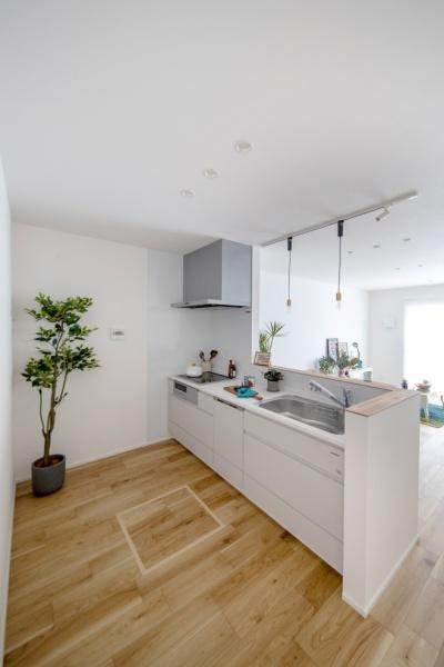 横尾　9号地のキッチン|清潔感のある色合いが印象的なキッチンです。収納スペースも豊富に確保されています。カウンターからリビングにつながる開放的な雰囲気も特徴です。ナチュラルなフローリングが空間全体を明るく見せています。