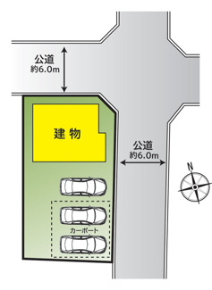 【区画図】 | 甲府市下鍛冶屋町 2019年築オール電化中古戸建　北東角地 | カースペースは並列3台分　2台分のカーポート付　外部物置有　北東角地